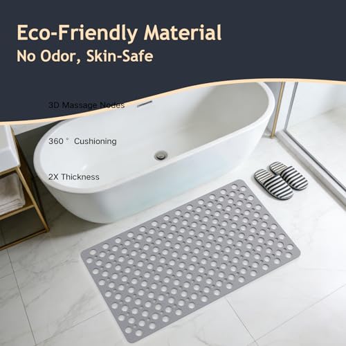 Non Slip Bath Mat for Shower & Bathtub - 30x17 Inch with Strong Suction Cups and Drain Holes, Quick-Dry, Machine Washable Floor Mat for Elderly, Kids & Pets