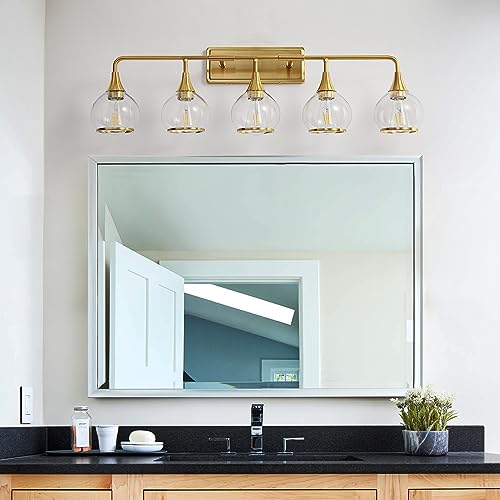 Gold Bathroom Vanity Light 5-Lights Bathroom Light Fixtures Over Mirror with Clear Glass Shade 39.2 inch Wall Sconce Lighting Bath(Exclude E26 Bulb) - color: Gold, size: 5 Light