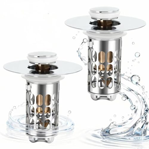 Bathroom Sink Drain Strainer, Universal 3 in 1 Bathroom Sink Stopper, Pop Up Bathroom Sink Drain Stopper with Removable Bathroom Sink Stopper Hair Catcher Basket, for 1.1 to 2.36''Hole - style: bathroom sink-2Pack