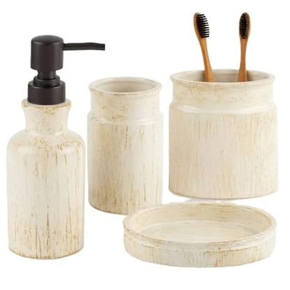 Creative Scents Rustic Luxe Beige 4 Piece Bathroom Accessories Set | Includes Soap Dispenser, Toothbrush Holder, Tumbler Cup & Soap Dish - style: 4 Piece Set