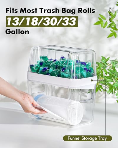 iCASA Trash Bag Dispenser Dishwasher Pods Container Under Sink Organizer | 3 in 1 Stackable Trash Bag Holder Garbage Bag Dispenser for 13/30/33 Gallon Bags, Clear Storage Bins Laundry Pods Container