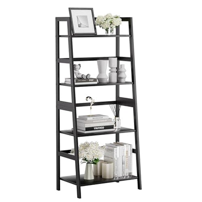 HITNET Ladder Shelf Black, 4-Tier Bookshelf, Freestanding Bathroom Storage Rack with Bamboo Frame, Plant Display Stand for Living Room, Kitchen, Home Office - color: Black