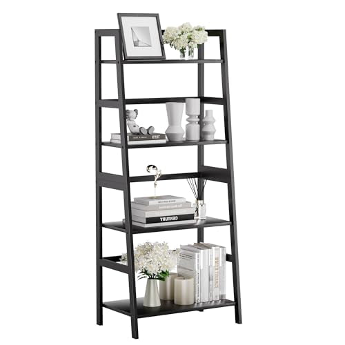 HITNET Ladder Shelf Black, 4-Tier Bookshelf, Freestanding Bathroom Storage Rack with Bamboo Frame, Plant Display Stand for Living Room, Kitchen, Home Office - color: Black