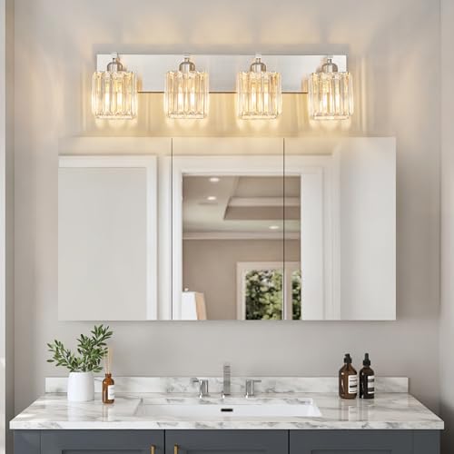 Modern Vanity Light 4-Lights Brushed Nickel Vanity Light Crystal Bathroom Wall Light Bathroom Light Fixtures - color: Nickel Straight, size: 4-light