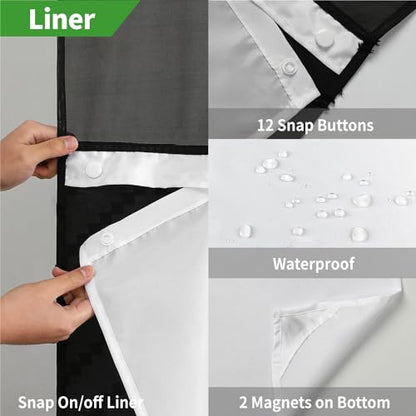eachope No Hook Tufted Chevron Striped Shower Curtain with Snap-in Fabric Liner set-71Wx74H(72H),Black Hotel Grade Boho Style Shower Curtain with See Through Top Window,Water Repellent - color: Black, size: 71"W x 74"L (Pack of 1)