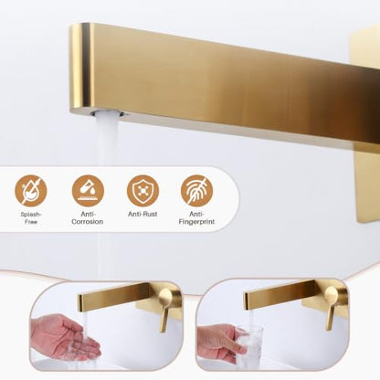Wall Mount Bathroom Faucet, Single Handle Bathroom Sink Faucet | Gold Single Handle Wall Bathroom Vanity Faucet, Long Spout, Rough-in Brass Valve, Basin Faucet for Vessel Sink Lavatory
