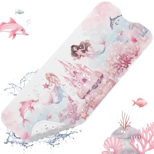 Baby Bath Mat for Tub Non Slip Kids, BPA Free Extra Long Bathtub Mat 40x16 with Drain Holes and 200 Suction Cups, Non Toxic Machine Washable Toddler Bath Mat, Eco-Friendly Certified - color: V-mermaid