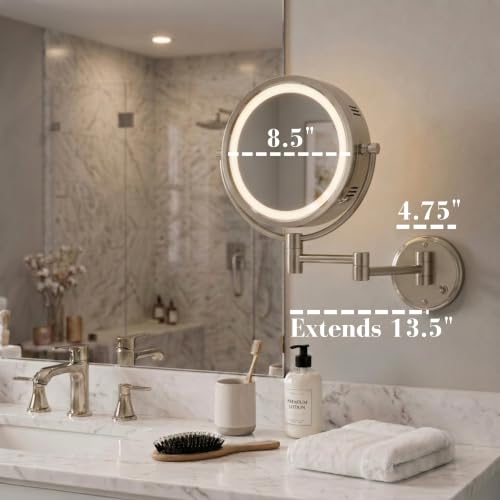 JERDON Hardwired Wall-Mount Makeup Mirror - 8X/1X - Nickel - HL88NLD | 8.5" Round Frame, 13.5" Wall Arm, LED Lighting, Direct Wire Installation - color: Nickel Direct Wire