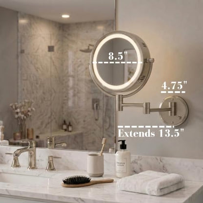 JERDON Hardwired Wall-Mount Makeup Mirror - 8X/1X - Nickel - HL88NLD | 8.5" Round Frame, 13.5" Wall Arm, LED Lighting, Direct Wire Installation - color: Nickel Direct Wire
