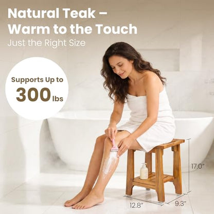 NNN 14" Compact Teak Shower Stool with Japan-Made Non-Slip Leveling Feet | US Patented Design, Marine-Grade Hardware, Pre-Oiled European Teak Oil, Ready, 300lb, for Small Baths Tubs & Outdoor Pools - size: 14"W x 10" Dx 17"H