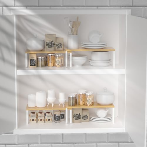 NEX Kitchen Cabinet and Counter Shelf Organizer, Stackable & Expandable, Set of 4, White and Natural - 7.7 x 15.6 x 6.2'' | Stackable Expandable Spice Rack, Space-Saving Pantry Organizers Bathroom Countertop Storage, White and Natural - color: Cloud White