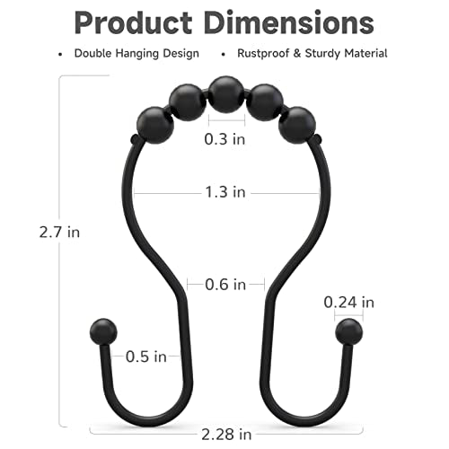 Bathway Shower Curtain Hooks Shower Curtain Rings Black Shower Curtain Hooks RustProof Smooth Metal Double Shower Curtain Hook, Shower Hooks for Shower Curtain Liner Bathroom Shower Rod Hook - color: Black
