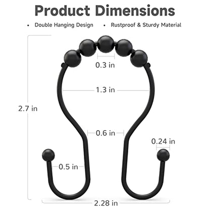 Bathway Shower Curtain Hooks Shower Curtain Rings Black Shower Curtain Hooks RustProof Smooth Metal Double Shower Curtain Hook, Shower Hooks for Shower Curtain Liner Bathroom Shower Rod Hook - color: Black
