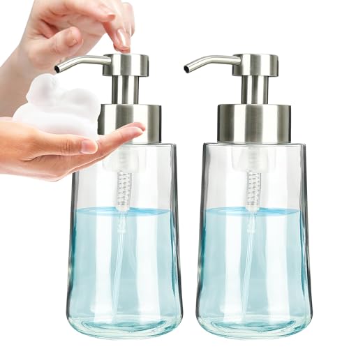 Foaming Hand Soap Dispenser Set, 16 oz Glass Soap Dispenser 2 Sets | 16 oz Large Capacity, Glass Foaming Dispenser, with Stainless Steel Pump and Waterproof Labels, for Bathroom Countertop - color: Brushed Nickel Foaming