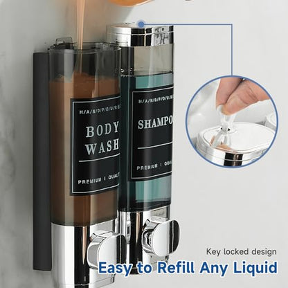 Shampoo and Conditioner Dispenser, Shower Soap Dispenser 2 Chamber No Drill Wall-Mounted Shampoo Dispenser for Shower Wall Mounted Shower Dispenser for Bathroom Hotel Large Capacity,Chrome - color: Chrome 2 Chamber