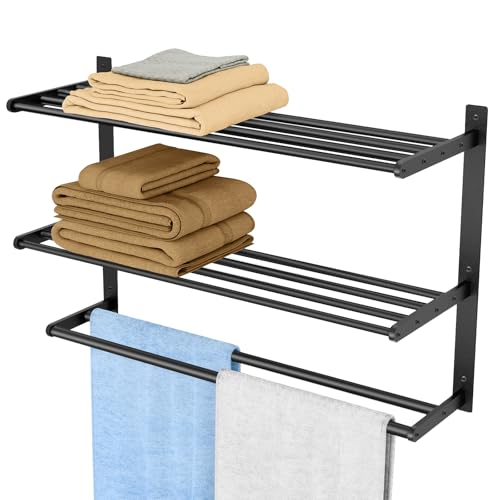 Bethom Bathroom Towel Rack with 2 Bars, 24 Inch Towel Shelf, Matte Black | 3-Tier Hotel Towel Racks for Bathroom Wall Mounted, Bath Towels Storage, Stainless Steel - color: Matte Black, size: 24IN (2 Bar)