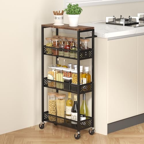 XYZLVSI Utility Slim Storage Cart, 4 Tier Kitchen Narrow Shelf on Wheels | 7.1" W skinny rolling cart with wooden top and metal handle, ideal for bathroom/dorm/office, between washer and dryer storage - size: 16.7"Dx7.1"Wx34"H