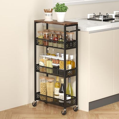 XYZLVSI Utility Slim Storage Cart, 4 Tier Kitchen Narrow Shelf on Wheels | 7.1" W skinny rolling cart with wooden top and metal handle, ideal for bathroom/dorm/office, between washer and dryer storage - size: 16.7"Dx7.1"Wx34"H