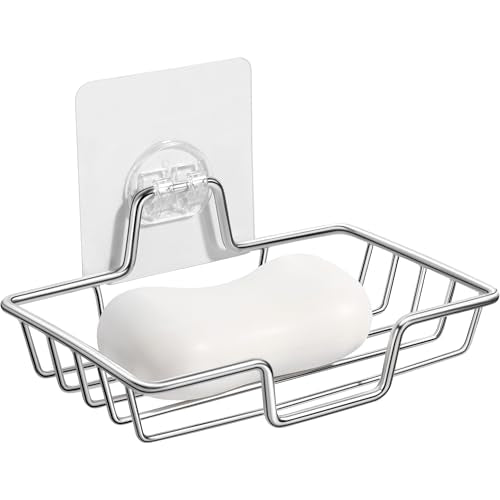 Rainspire Soap Dish Holder, No Drilling, 304 Rustproof Stainless Steel, Wall Mounted Soap Holder Soap Tray Bar Soap Sponge Holder for Bathroom & Kitchen, Square (Silver) - color: Silver