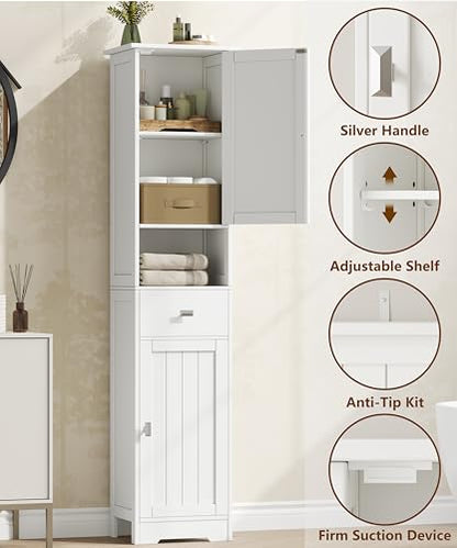 Akxomel 67" H Narrow Tall Bathroom Cabinet with 2 Doors and Storage Drawer | Floor Cabinet with Adjustable Shelves, Anti-Tip Design, 11.0 x 12.6 x 66.9 Inches, for Bathroom, Kitchen，Entryway, White