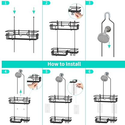 HapiRm Hanging Shower Caddy Organizer - Bathroom Organizer with 12 Hooks and Soap Holder, Rustproof Shower Shelf over Shower Head - Black - color: Black