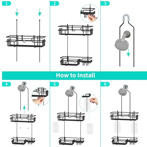 HapiRm Hanging Shower Caddy Organizer - Bathroom Organizer with 12 Hooks and Soap Holder, Rustproof Shower Shelf over Shower Head - Black - color: Black