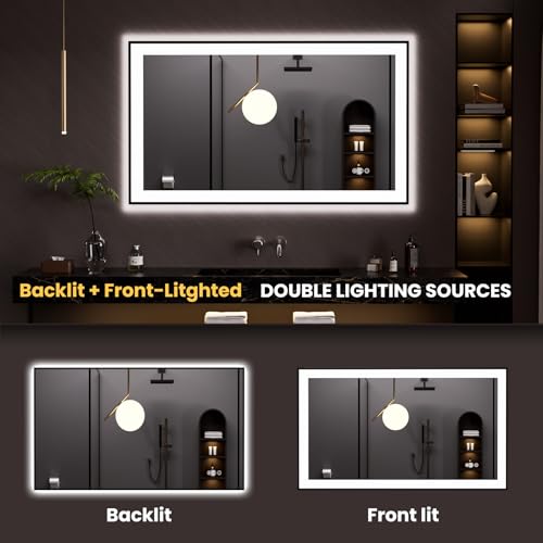 LOAAO 48"X30" LED Bathroom Mirror Black Framed | Anti-Fog, Dimmable, Memory Function, Tempered Glass, Lighted Vanity Mirror for Wall - size: 48"L x 30"W