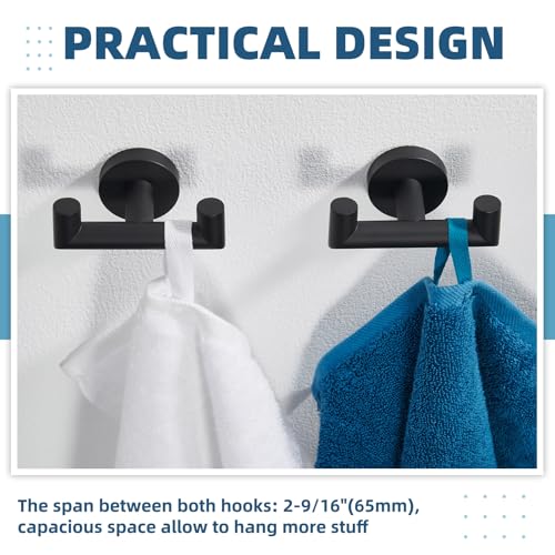 Matte Black Double Towel Hooks for Bathrooms, 2 Pack, Wall Mounted | Rustproof 304 Stainless Steel, Heavy-duty 11lbs Robe Hooks for Towels, Coats, Bags, Shower, Kitchen, Entryway Storage Hook - color: Matte Black