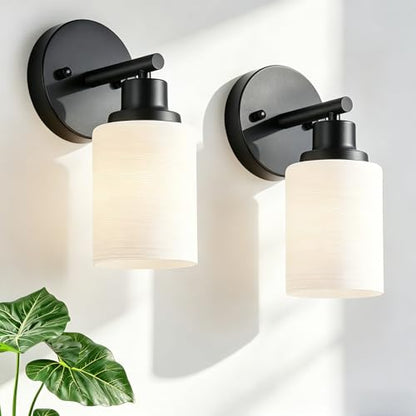 2-Pack, 1-Light Vanity Lights, Matte Black Bathroom Light Fixture with Textured Milky White Glass Shade, E26 Modern Vanity Lighting Fixture for Bathroom Wall Sconce - color: Black, size: 4.7 Inch : 1-Light