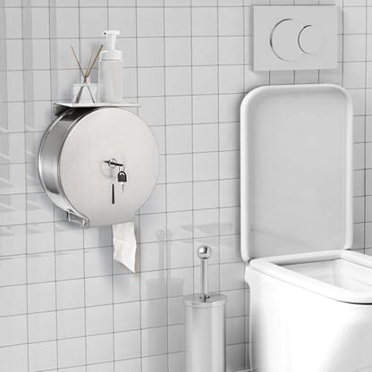 Commercial Jumbo Toilet Paper Dispenser with Shelf, Wall Mount Stainless Steel 9 Inch Roll Toilet Paper Holder, Brushed Touchless Toilet Tissue Dispenser with Lock Key for Restroom Bathroom