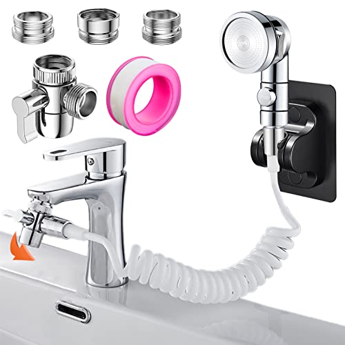 Sink Handheld Shower Kit with 9.8ft Telescopic Hose, Kitchen Bathroom Faucet Sprayer Attachment with 3 Adapters M22 M24 G1/2, for Hair Washing, Baby Shower, Pet Shower (Faucet Not Included) - color: White
