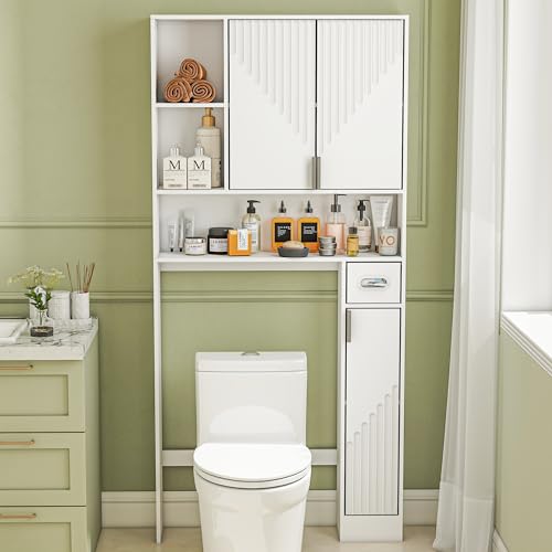 GOODONE White Over The Toilet Storage Cabinet - with 3 Doors and Toilet Paper Holder Stand, FreeStanding, for Bathroom, Restroom, Laundry - color: White