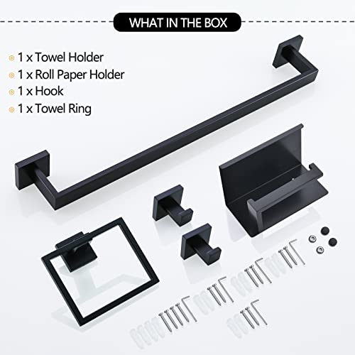 Black Towel Bar Set 5-Piece Bathroom Hardware Set Including 23.6 Inch Towel Bar,Towel Ring Towel Hook and Toilet Paper Holder with Shelf,Stainless Steel Bathroom Accessories Set - color: Black