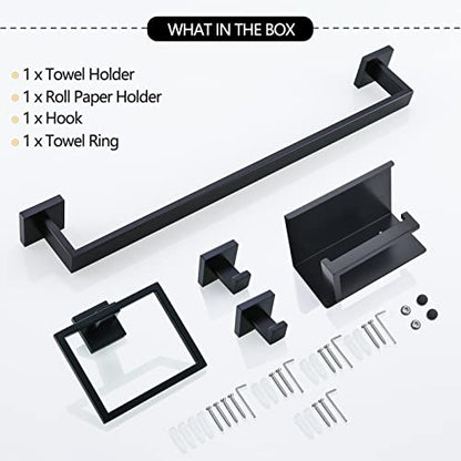 Black Towel Bar Set 5-Piece Bathroom Hardware Set Including 23.6 Inch Towel Bar,Towel Ring Towel Hook and Toilet Paper Holder with Shelf,Stainless Steel Bathroom Accessories Set - color: Black