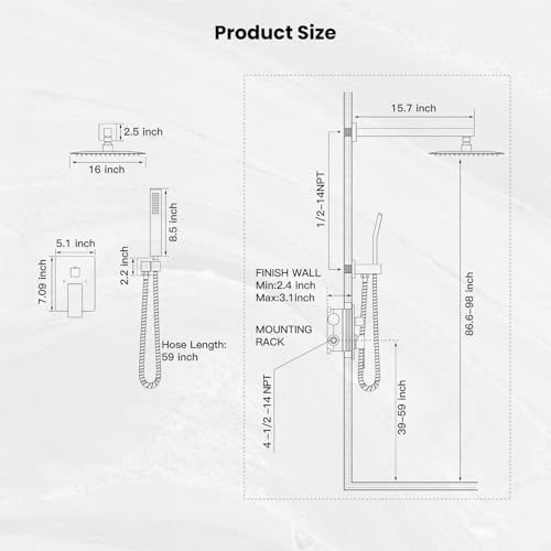 gotonovo Rainfall Bathroom Shower System Rain Shower Head and Handle Set Wall Mounted Shower Complete Combo Solid Brass Pressure Balancing Shower Mixer Valve 16 Inch Brushed Nickel - color: Brushed Nickel, size: 16 Inch
