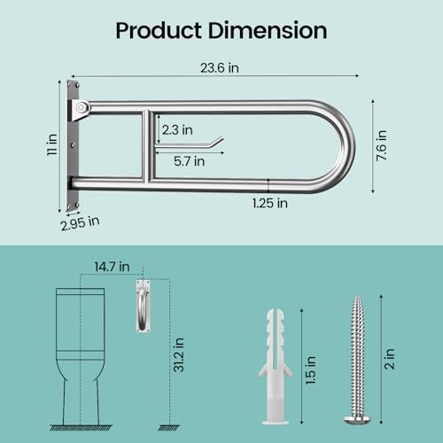 23.6 Inch Foldable Toilet Grab Bars, Bathroom Stainless Steel Handrails with Paper Holder, Handicapped Flip-Up Handles, Senior Safety Rails, Wall Mounted Hand Grips, for Elderly, Disabled, Pregnant - size: 23.6 inches