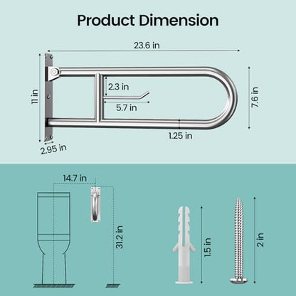 23.6 Inch Foldable Toilet Grab Bars, Bathroom Stainless Steel Handrails with Paper Holder, Handicapped Flip-Up Handles, Senior Safety Rails, Wall Mounted Hand Grips, for Elderly, Disabled, Pregnant - size: 23.6 inches