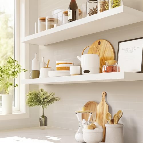 AMADA HOMEFURNISHING Floating Shelves Wall Mounted, 32 x 7 Inch Wall Shelves for Bathroom, Bedroom, Living Room, White Shelves Set of 2 - color: White, size: 32 inches