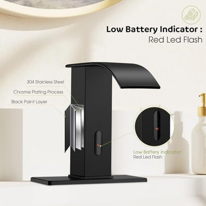 Automatic Motion Sensor Faucet with Waterfall Spout,Stainless Steel Sink Faucet with Hole Cover Plate (Regular, Black) - color: Black, size: Regular Waterfall