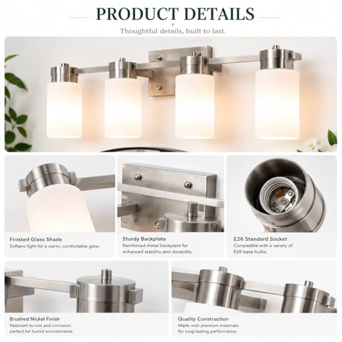 4-Light Bathroom Vanity Light, Brushed Nickel Vanity Light with Frosted Glass Shades, E26 Base Bathroom Light Fixture, Dimmable, Up or Down Wall Mount Lighting for Bathroom Mirror - color: Brushed Nickel
