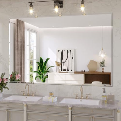 Frameless Bathroom Mirror, 55"x36" Beveled Bathroom Vanity Mirror | 15mm beveled edge, frameless, 5mm HD glass, anti-rust, french cleat, horizontally or vertically, for bathroom/bedroom - size: 55"L x 36"W