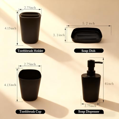 LGURT Matte Black Bath Accessories Set — 4-Pc Dispenser, Holder & Cup | Compact 4-piece matte black bath set. 10oz dispenser, toothbrush holder, cup & dish. Countertop-friendly. Budget-friendly. - color: Matte Black