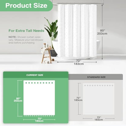 Long Shower Curtain and Liner Set - 80 inch Tall Boho Shower Curtain and Waterproof Clear Liner, Tufted Geometric Striped Textured Tassel Shower Curtains for Bathroom, 12 Hooks, 72x80, White - color: White, size: 72"W x 80"L (Pack of 1)