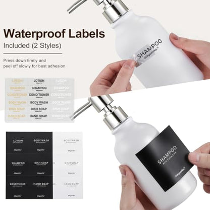 Shampoo and Conditioner Dispenser Set of 3, Wall Mounted | 16.9oz/500ml Refillable Bottles, No-Drill Installation, White Pumps, 27 Labels, For Hotels and Airbnbs - color: Matte White Bottle + Silver Pump