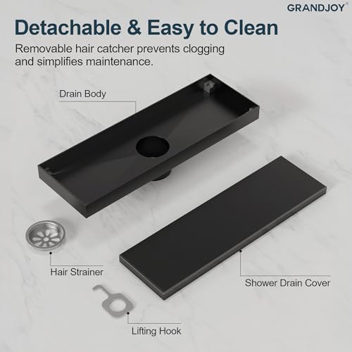 12 Inch Linear Shower Drain with Tile Insert Grate, Matte Black 2-in-1 Invisible Floor Drain, cUPC Certified 304 Stainless Steel Trench Drain with Hair Strainer