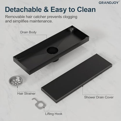 12 Inch Linear Shower Drain with Tile Insert Grate, Matte Black 2-in-1 Invisible Floor Drain, cUPC Certified 304 Stainless Steel Trench Drain with Hair Strainer