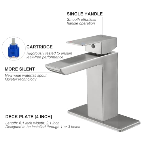 RUMOSE Bathroom Faucets 1 & 3 Hole Vanity Faucet with Drain Brushed Nickel | Single Handle Bathroom Sink Faucet Set Waterfall Spout Kit with Deck Plate Rv Lavatory Basin Faucet, Stainless Steel - color: Brushed Nickel
