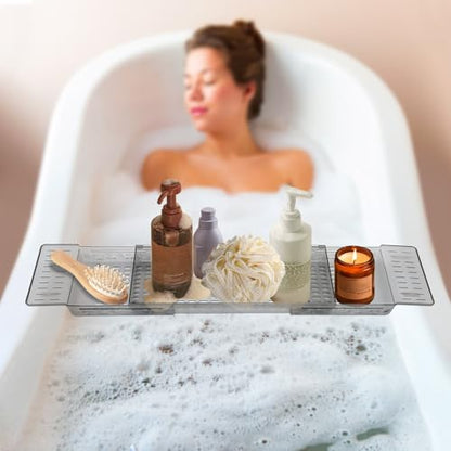 Bathtub Caddy Tray, Expandable Bath Shelf with Book and Wine Holder, Clear Gray Acrylic Bathtub Tray for Bathroom, 22.24-31.5 Inch Adjustable