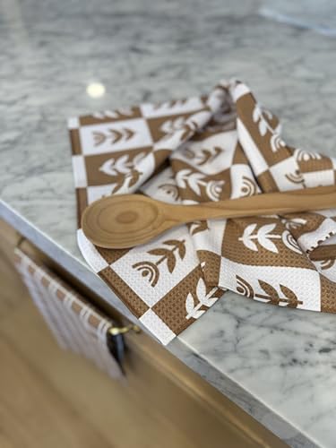 Kitchen Towels, Dish Towels for Kitchen, 2 Pc Kitchen Towel Set | Microfiber Waffle Towels, 16 x 26 inches, with Hanging Loops, Reusable Tea Towels, Cute Kitchen Towels - 2 Pack - color: Tan Checkered