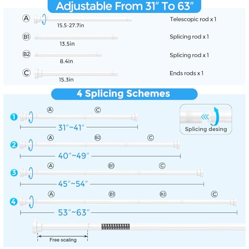 Shower Rod 31-63" White Spring Tension Curtain Rod Adjustable | 7/8" Shower Curtain Rod Carbon Steel Tube, Rust-Proof Non-Slip Tool-Free, Curtain Rods for Windows Bathroom Room Divider - color: White, size: 31"-63"-1P